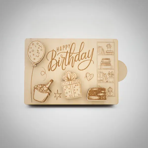 Gutscheinbox aus 3 mm Holz mit graviertem Happy-Birthday-Motiv und Schublade